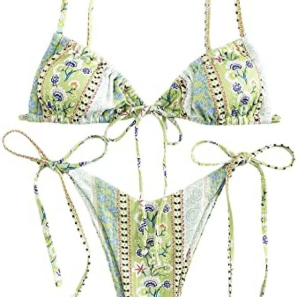 WDIRARA Women's Floral Print Tie Side Swimwear Straps Bikini - Picture 1 of 5